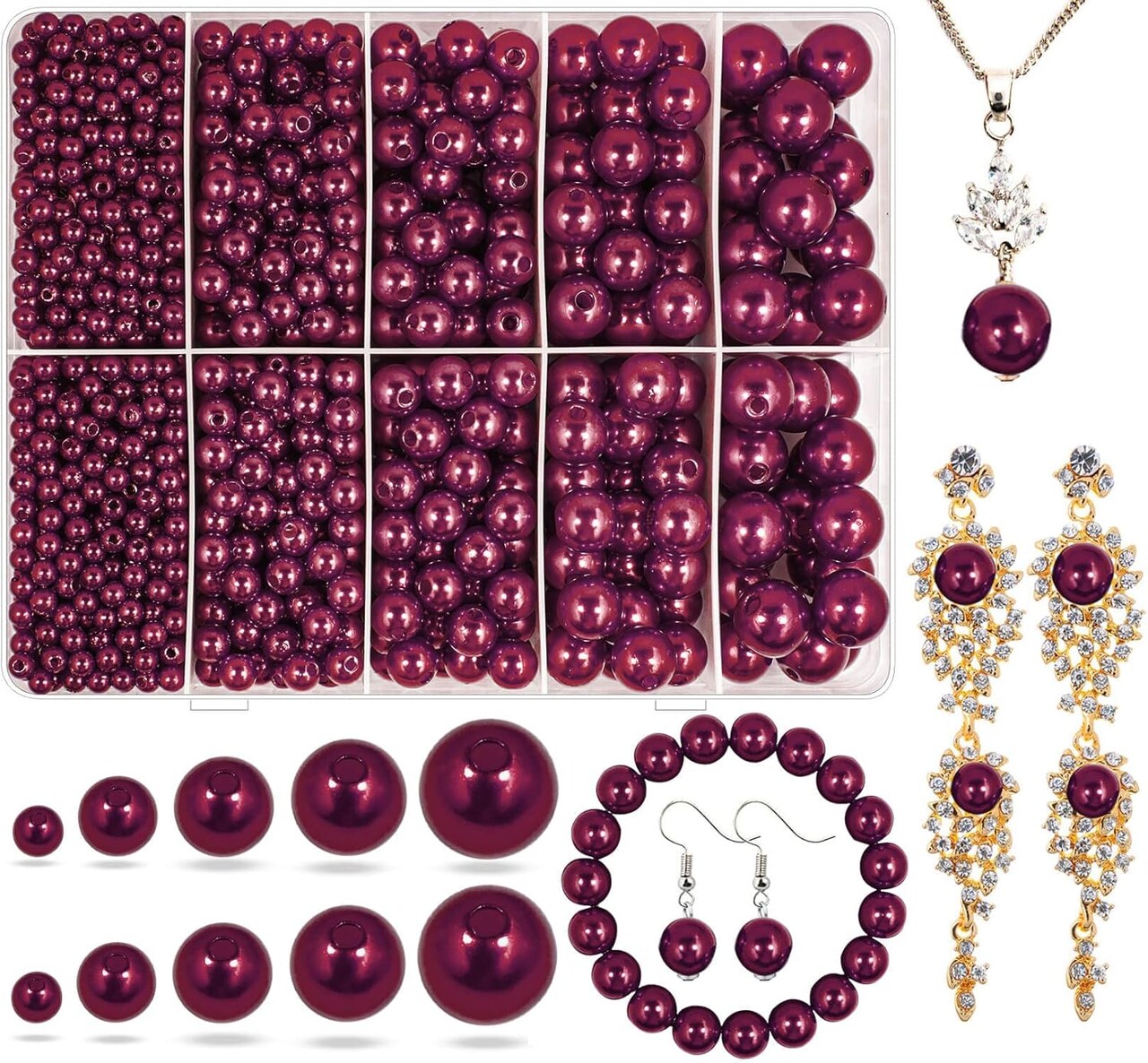 Claret Red Pearl Beads for Jewelry Making – 1750pcs Wine-Red Craft Beads with Hole, Sizes 4mm-12mm, Loose Spacer Beads for Necklace, Bracelet, Earrings, Choker & Wedding Dress Decor
